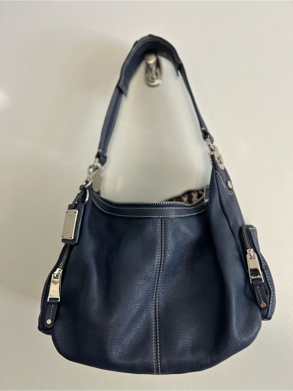 Tignanello Navy Pebbled Leather Shoulder Hobo with Silver Hardware